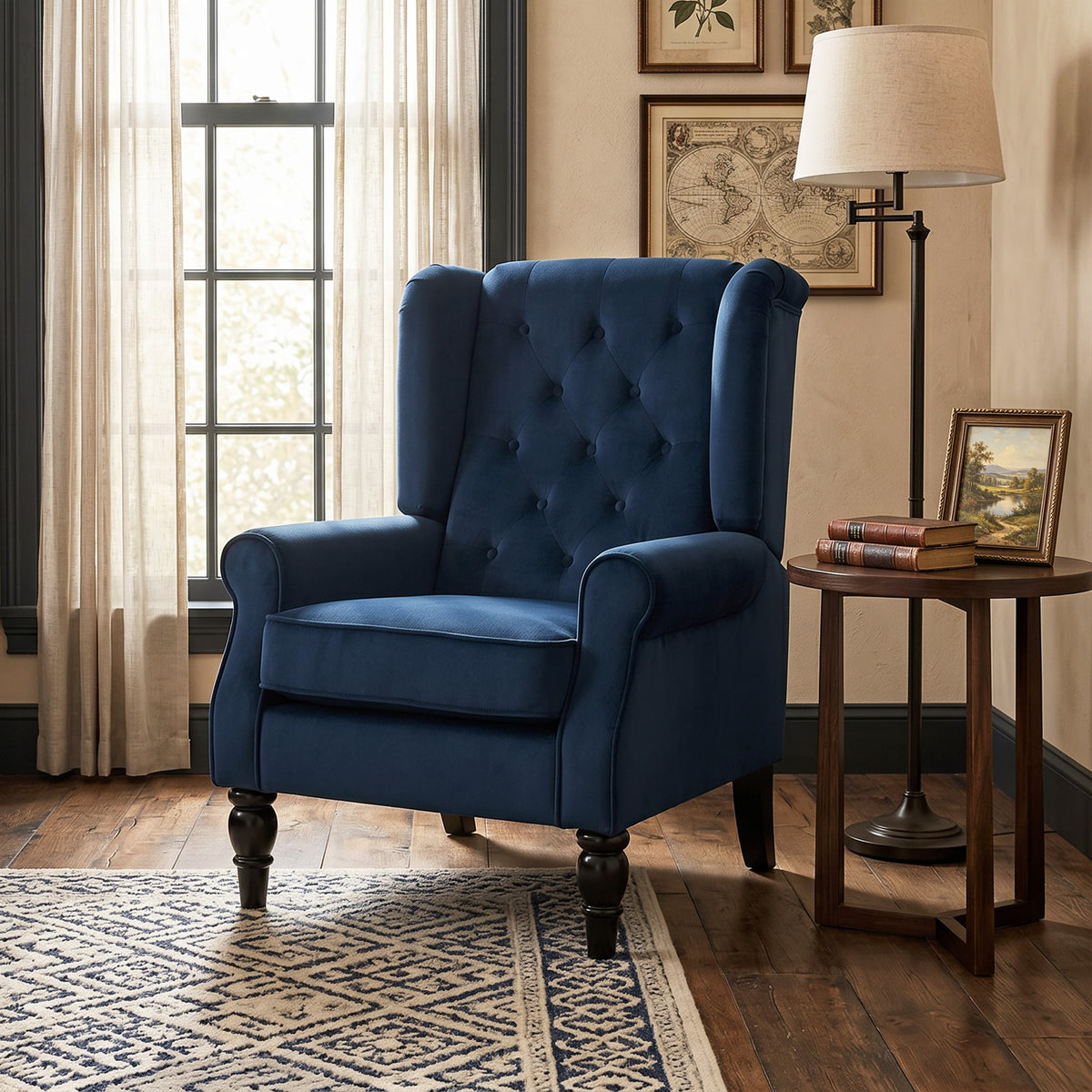 Fauteuil de salon capitonné avec assise large, pieds en bois, style classique, grand confort, 74x86x102cm, bleu foncé