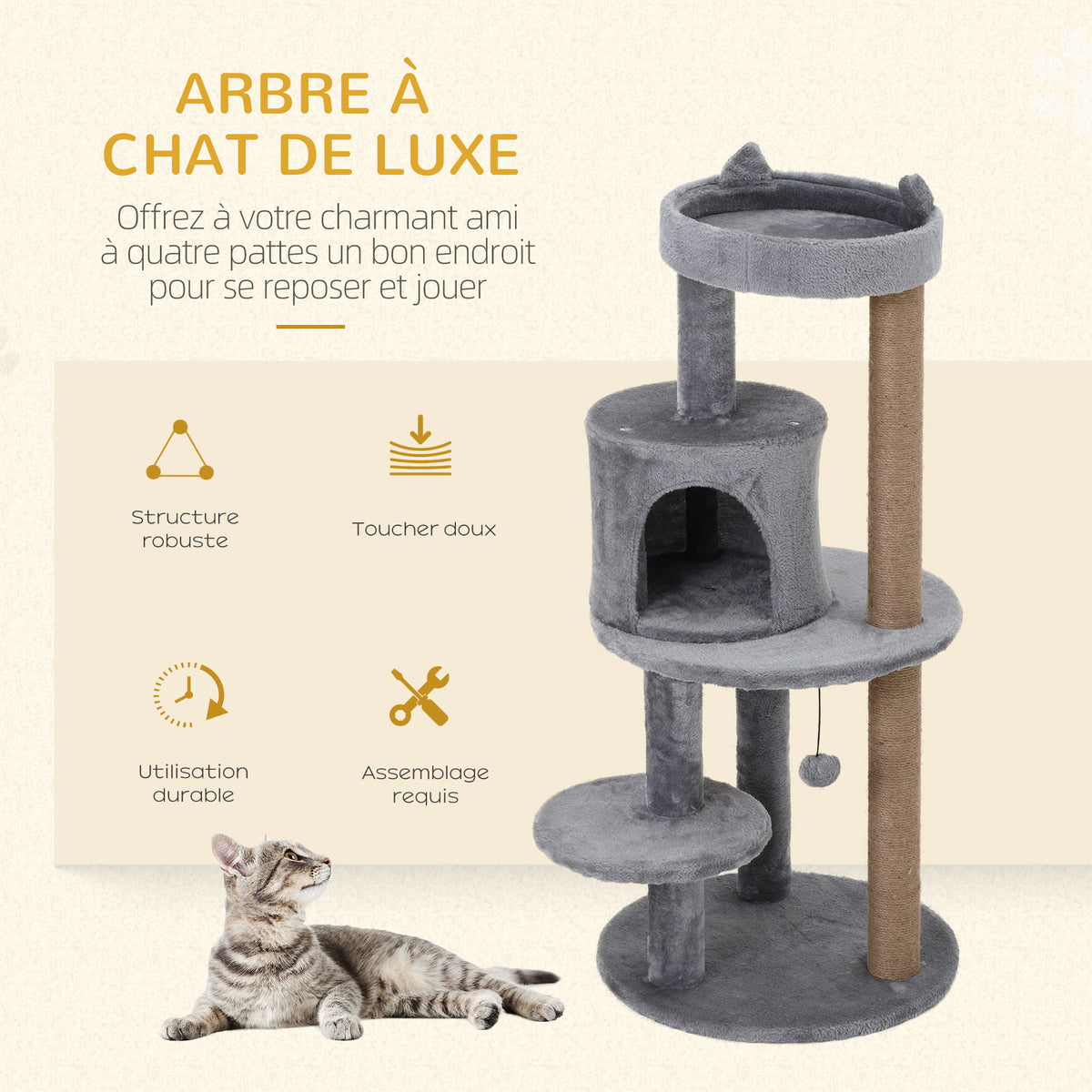 Arbre à chats multi-équipements griffoirs grattoirs plateformes niche jeu boule suspendue Ø 48 x 104H cm gris