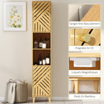 Armoire salle de bain, meuble de rangement colonne, portes en bambou, étagères réglables, 32x30x170cm, bois naturel