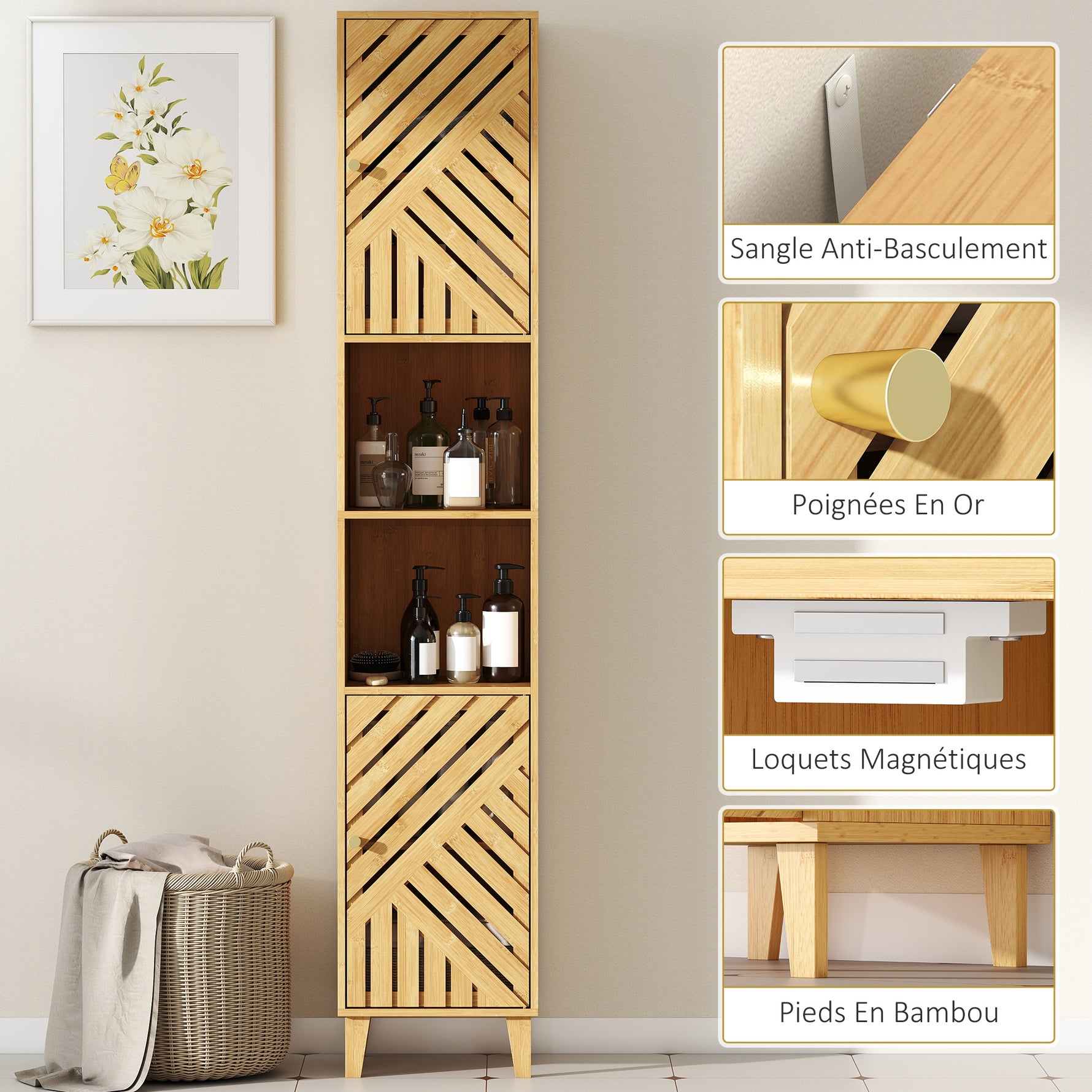Armoire salle de bain, meuble de rangement colonne, portes en bambou, étagères réglables, 32x30x170cm, bois naturel