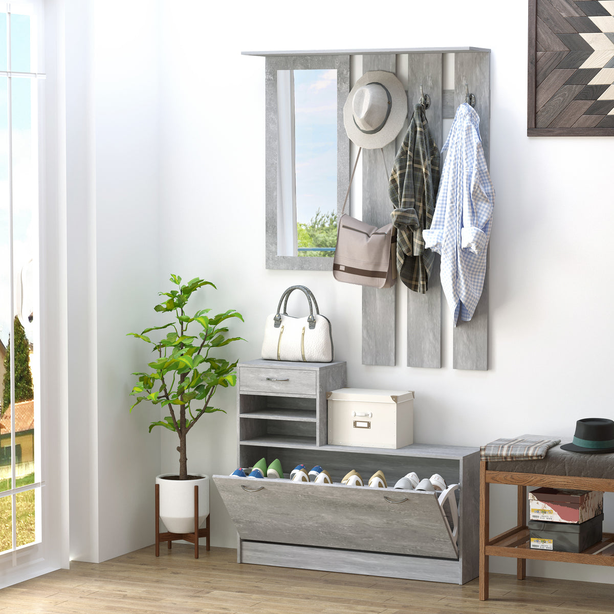 Ensembles 3 en 1 de meuble d'entrée vestiaire avec panneau porte-manteau, miroir et banc à chaussures - 6 crochets et étagère réglable, effet béton gris