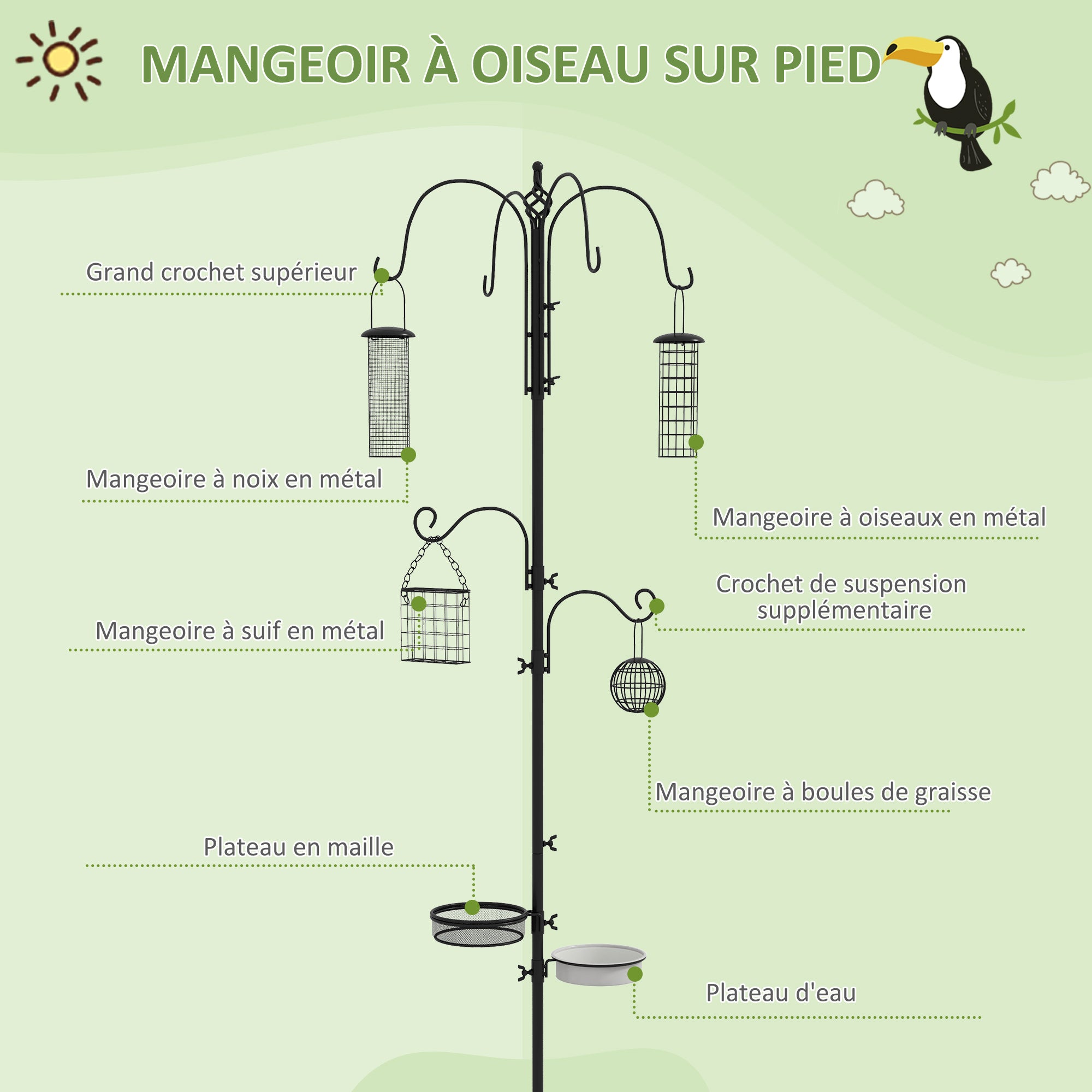 Station d'alimentation mangeoir à oiseaux sur pied 6 crochets 4 mangeoires suspendues pour cacahuètes graines boules de graisse noir