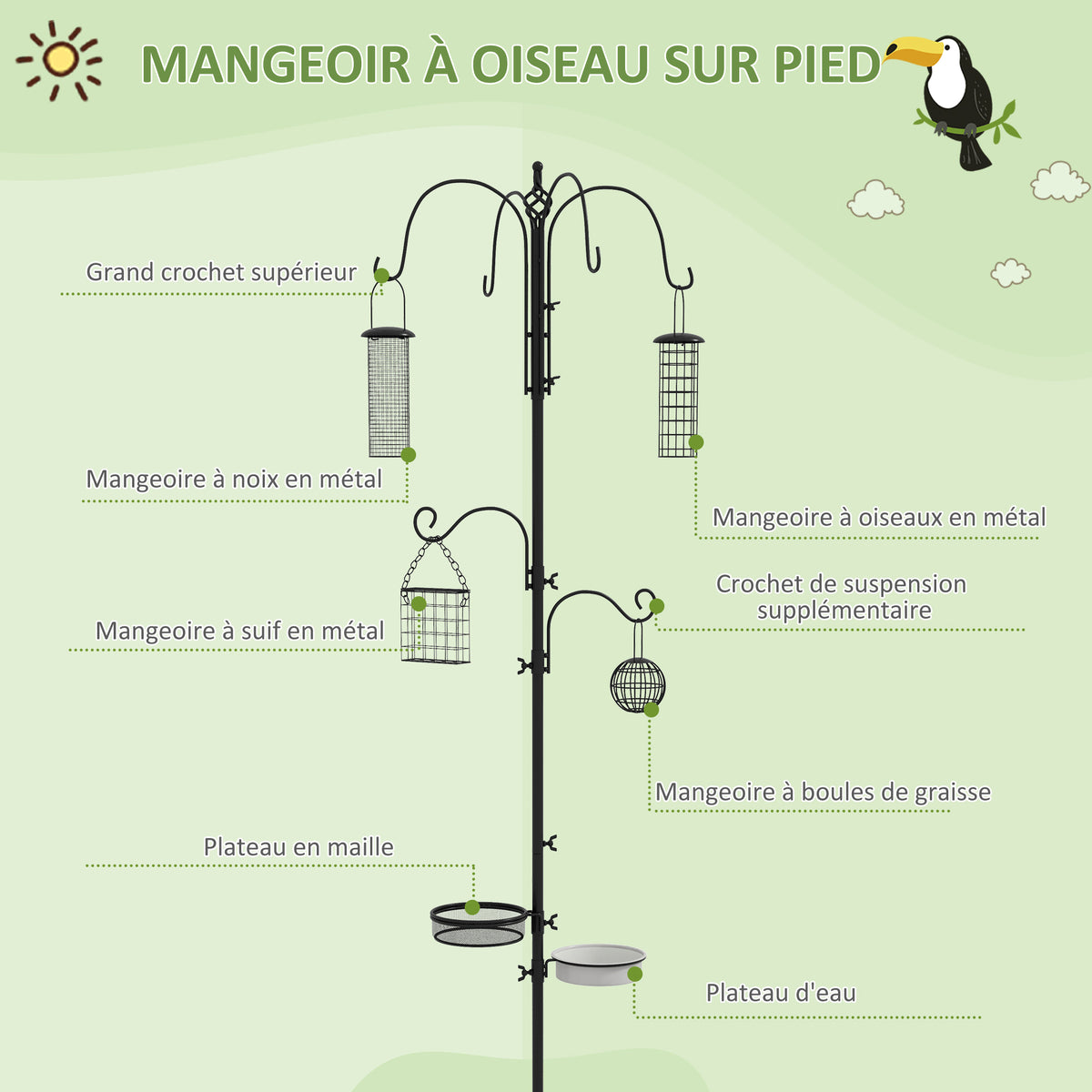 Station d'alimentation mangeoir à oiseaux sur pied 6 crochets 4 mangeoires suspendues pour cacahuètes graines boules de graisse noir