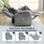 Sillón relax eléctrico, sillón reclinable, puerto USB, reposapiés, bolsillos laterales, mando a distancia, 86x90x103cm, gris claro