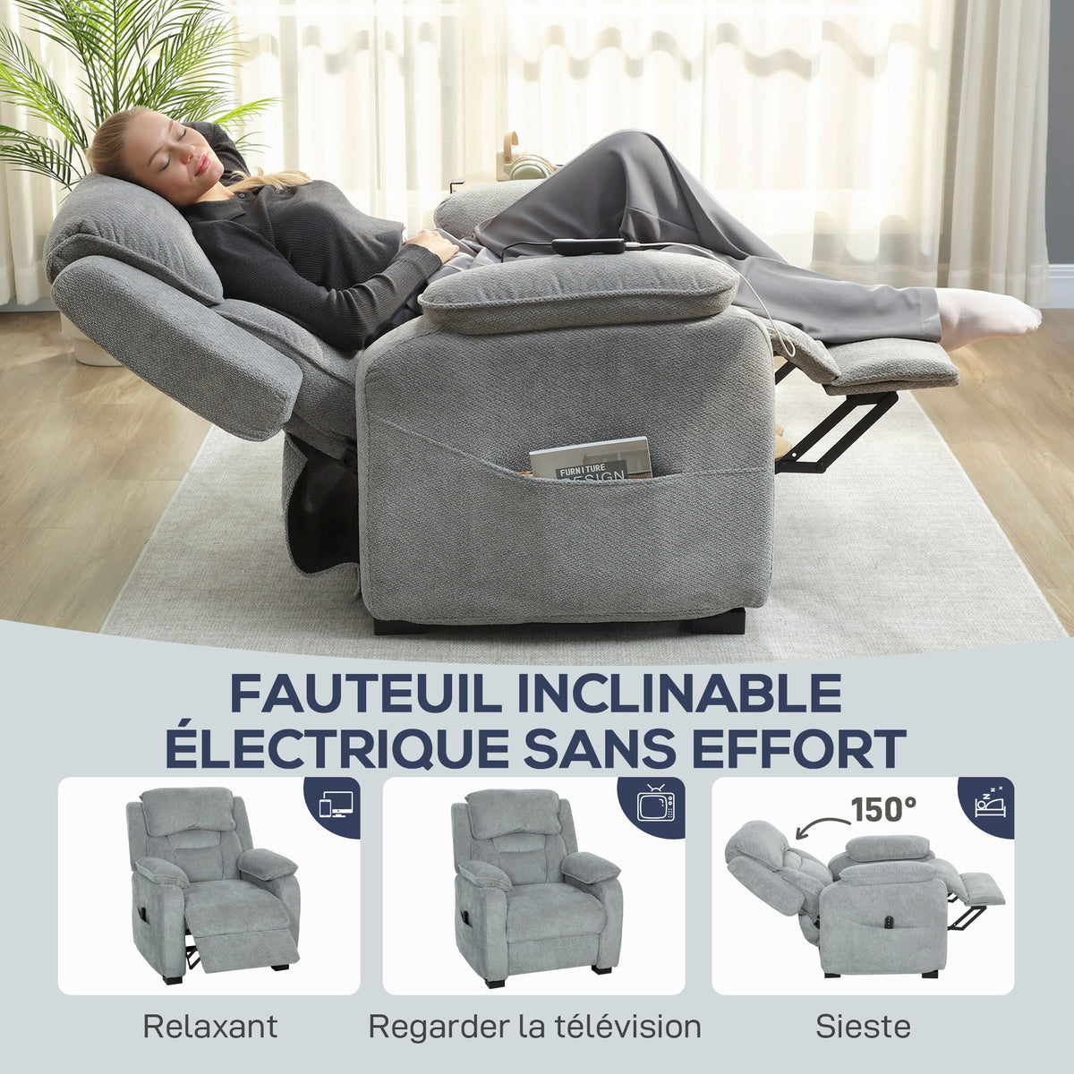 Sillón relax eléctrico, sillón reclinable, puerto USB, reposapiés, bolsillos laterales, mando a distancia, 86x90x103cm, gris claro
