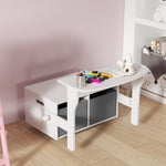 Coffre à jouet enfant 3 en 1, ensemble table et chaises avec 2 bacs en tissu amovibles, 67,5 x 46,5 x 56,7 cm, blanc