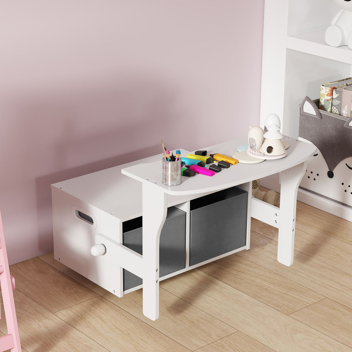 Coffre à jouet enfant 3 en 1, ensemble table et chaises avec 2 bacs en tissu amovibles, 67,5 x 46,5 x 56,7 cm, blanc