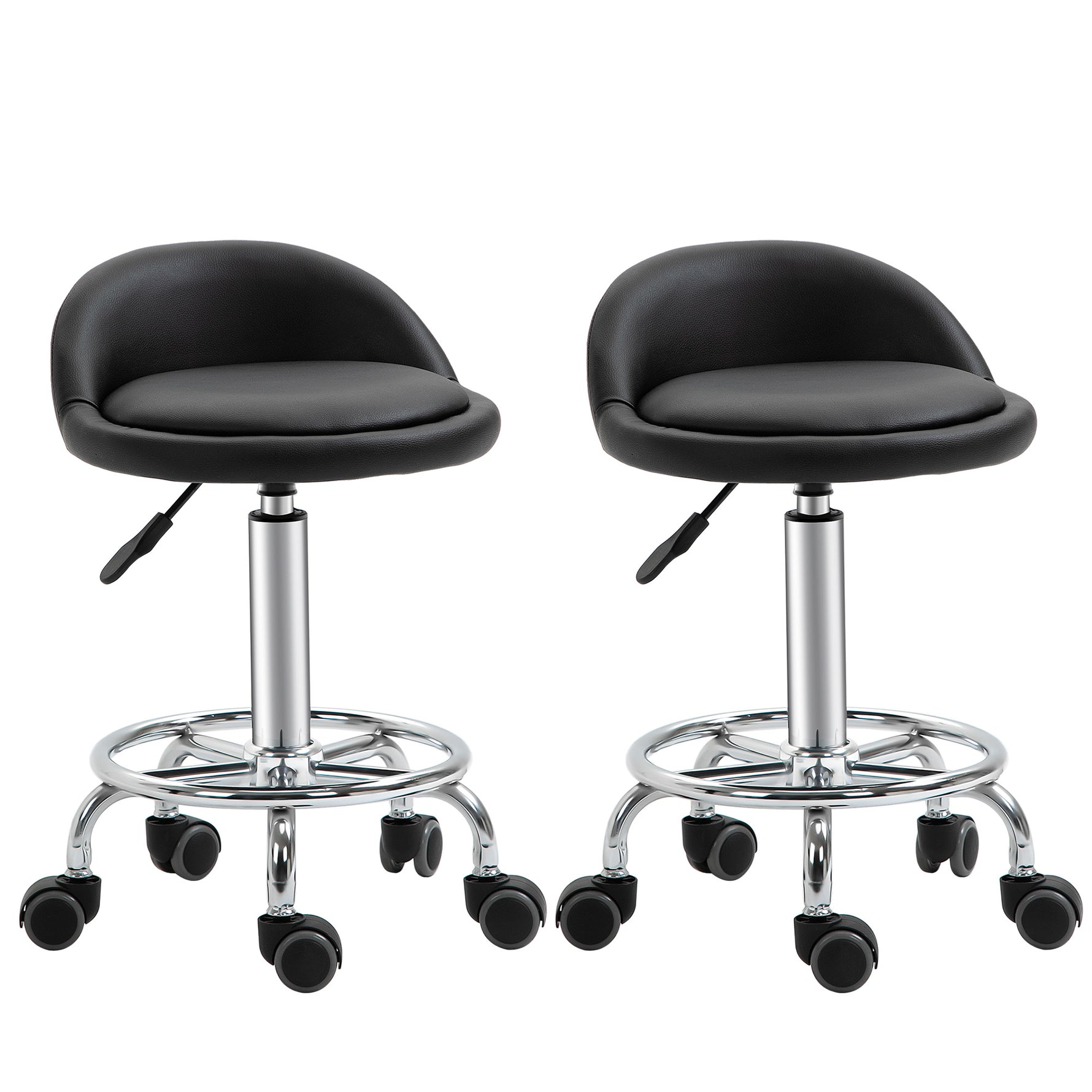 Lot de 2 tabouret à roulette pivotant 360°, assise réglable 47-62H cm, acier chromé revêtement synthétique noir