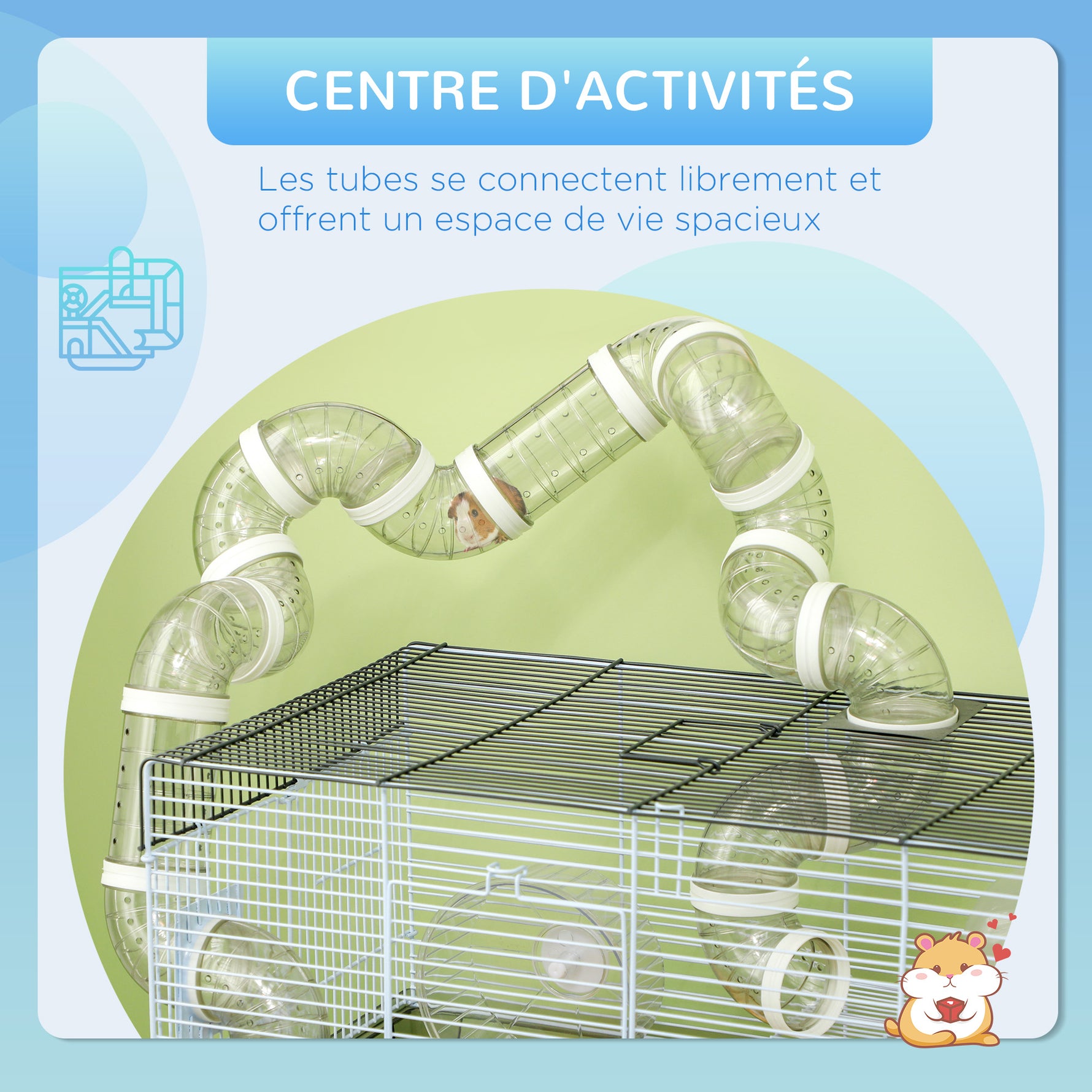 Cage hamster cage rongeur avec tunnel et accessoires inclus fil d'acier 58 x 32 x 31 cm gris