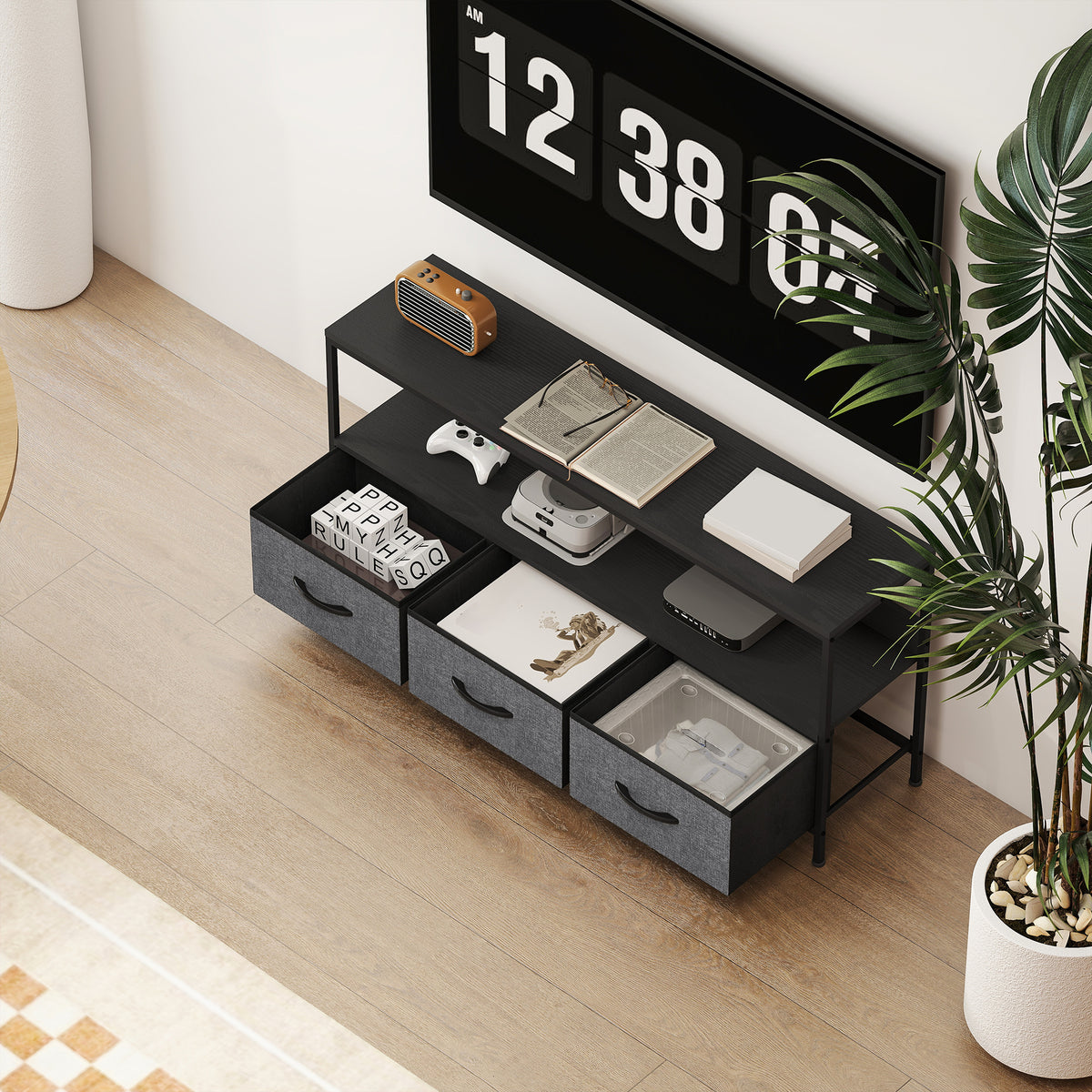 Meuble TV, meuble télé pour téléviseur jusqu'à 55 pouces avec 3 tiroirs et pieds en acier 120 x 29 x 56 cm noir