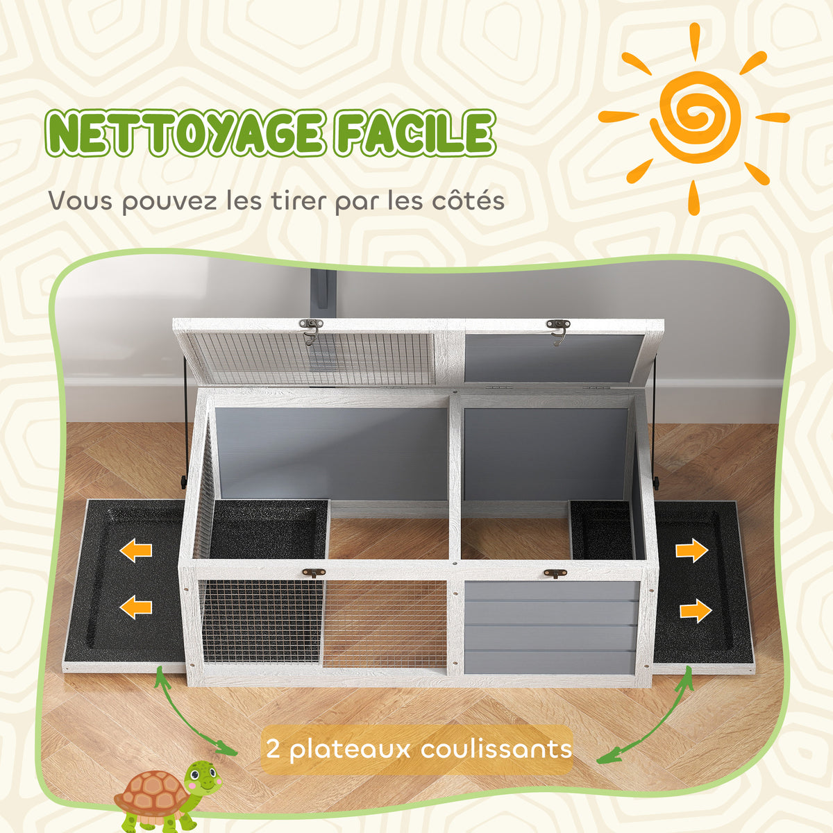 Maison enclos cage pour petit animal tortue avec 2 espaces support de lampe 81 x 48 x 31,5 cm gris