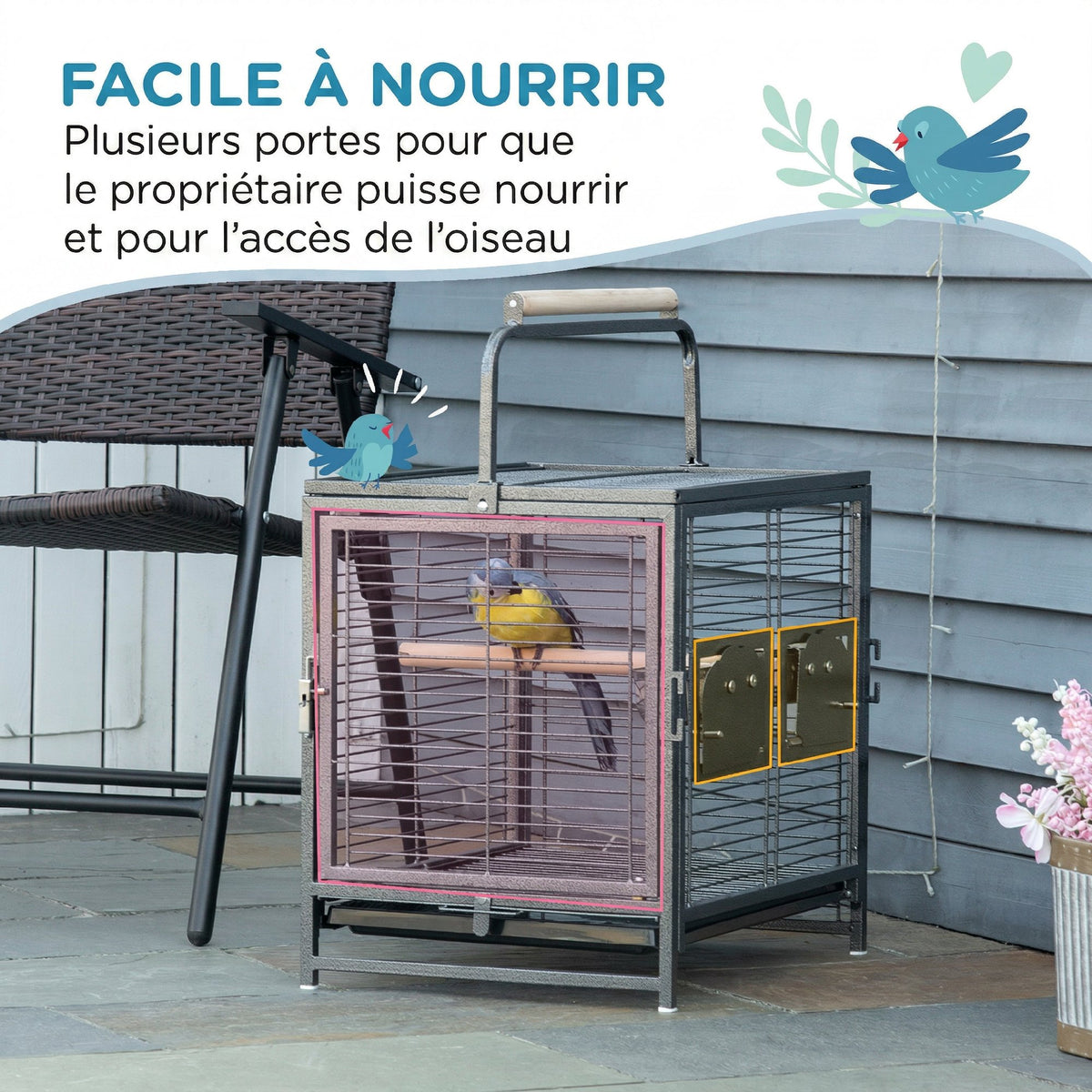 Cage de transport en acier pour perroquets, cage à oiseaux avec 2 bols en acier inoxydable, 2 perchoirs, plateau, noir