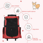 Sac de transport à roulettes pour chien 2 en 1 trolley chariot sac à dos pour chien chat avec poignée téléscopique, sacs de rangement, aérations, attache de sécurité, 42 x 25 x 55 cm, rouge
