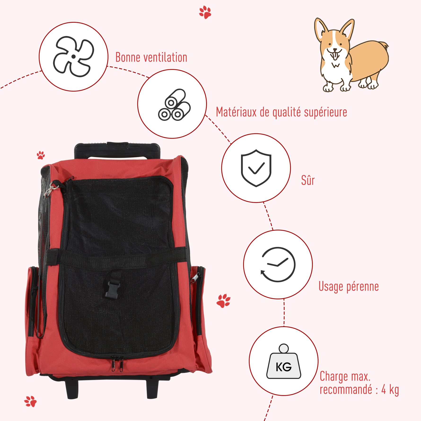 Sac de transport à roulettes pour chien 2 en 1 trolley chariot sac à dos pour chien chat avec poignée téléscopique, sacs de rangement, aérations, attache de sécurité, 42 x 25 x 55 cm, rouge