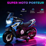 Moto électrique enfants 6 V, voiture électrique enfants avec roues d'entraînement, musique, effets lumineux, bleu