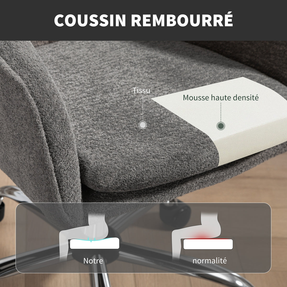 Chaise de bureau, fauteuil de bureau ergonomique réglable en hauteur, siège pivotante, fonction de bascule, gris