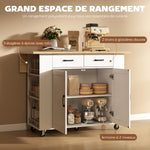 Îlot de Cuisine avec Station de Charge, Chariot de Cuisine à Roulettes avec Plan de Travail Rabattable, 2 Tiroirs, Blanc