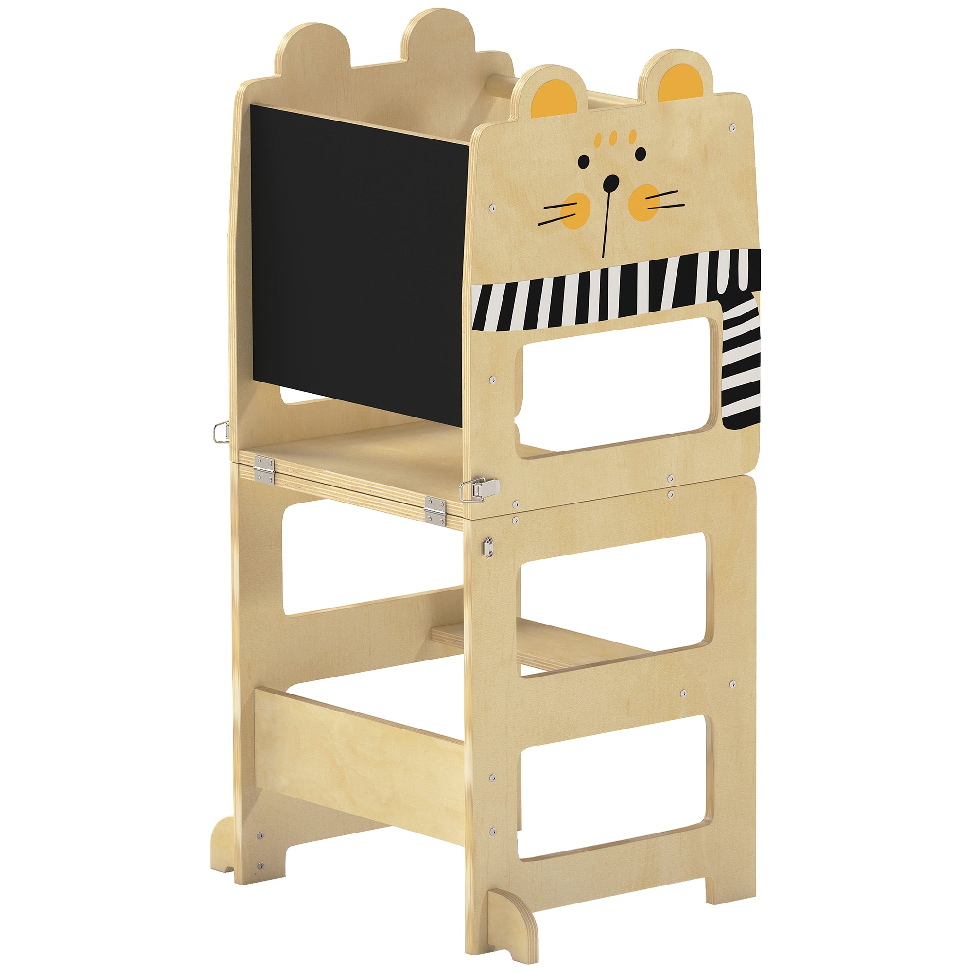Tour d'Apprentissage Enfant 3 en 1, Tour d'Observation Enfant Pliable avec Tableau Noir, Motif Chat, Naturel
