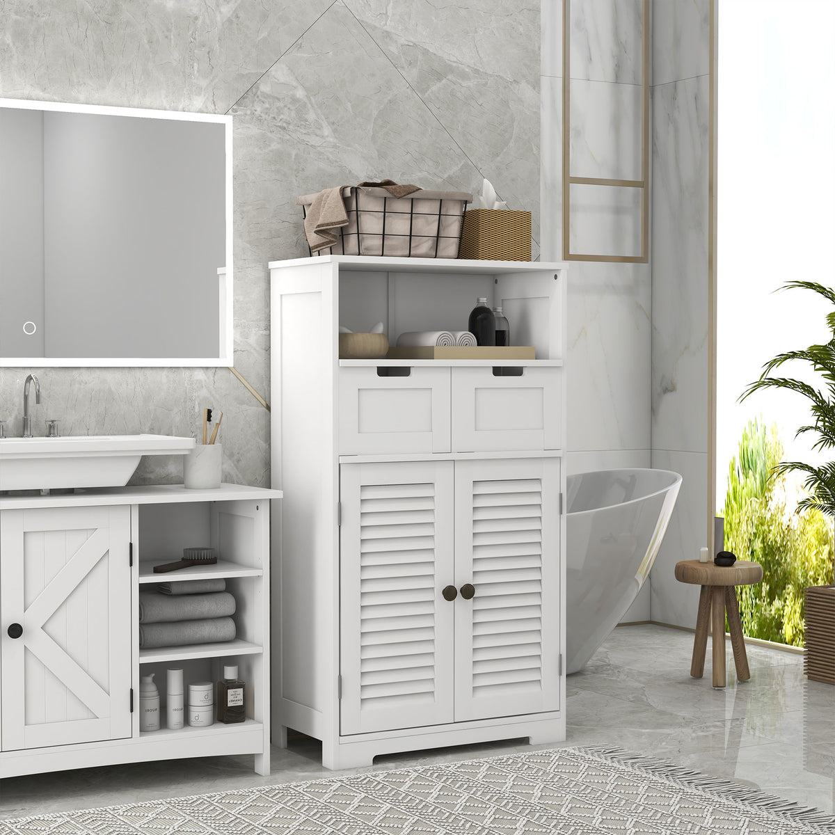 Meuble de salle de bain armoire 2 portes étagère réglable 2 tiroirs niche 61 x 30,5 x 109,5 cm blanc
