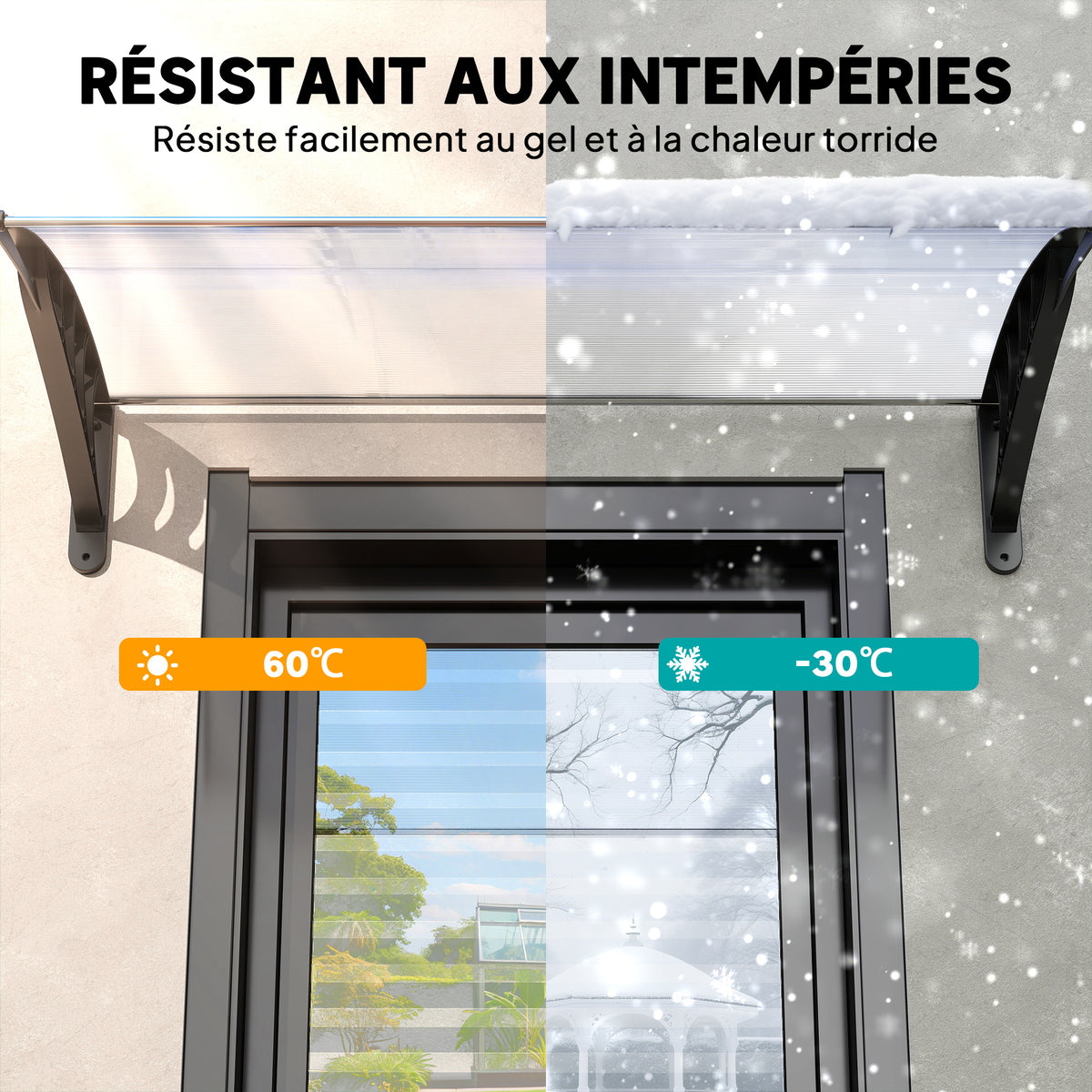 Auvent de porte d'entrée toit marquise en polycarbonate protection contre pluie neige UV 90 x 122 cm, transparente