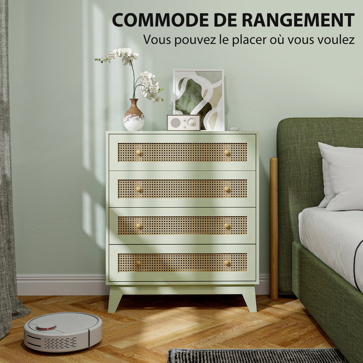 Commode 4 tiroirs meuble de rangement cannage en rotin aspect bois clair 80 x 35 x 95 cm vert