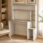 Bureau Informatique, 114 x 45 x 138 cm, Bureau avec Rangement, Étagères Ouvertes et Support UC, Blanc et Bois Naturel