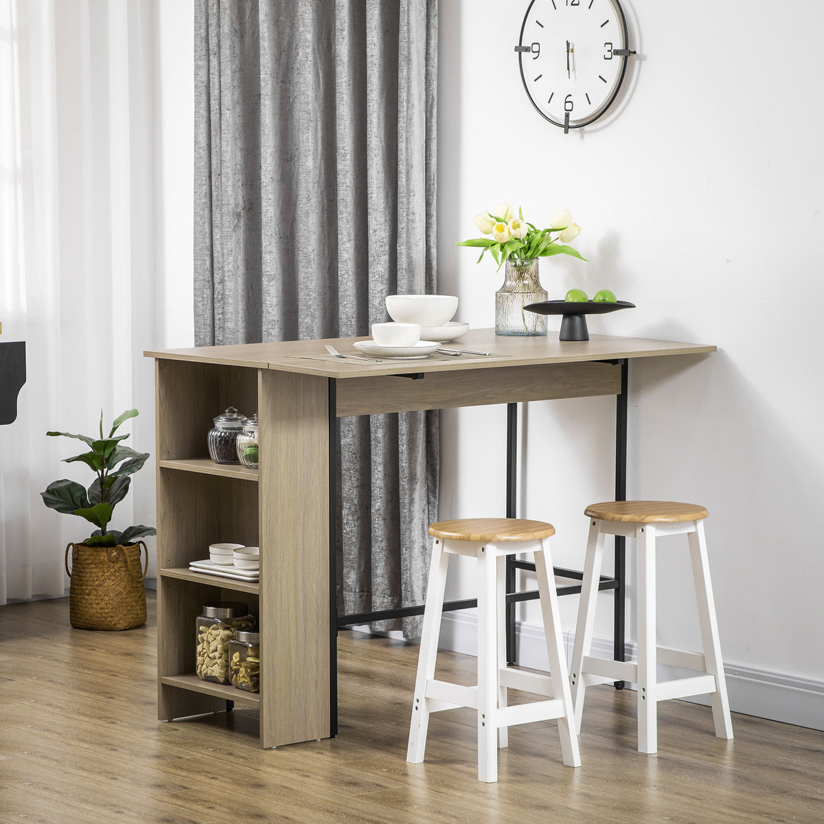 Isla central para barra con tablero lateral abatible y 3 estantes 120 x 76 x 91,4 cm gris claro