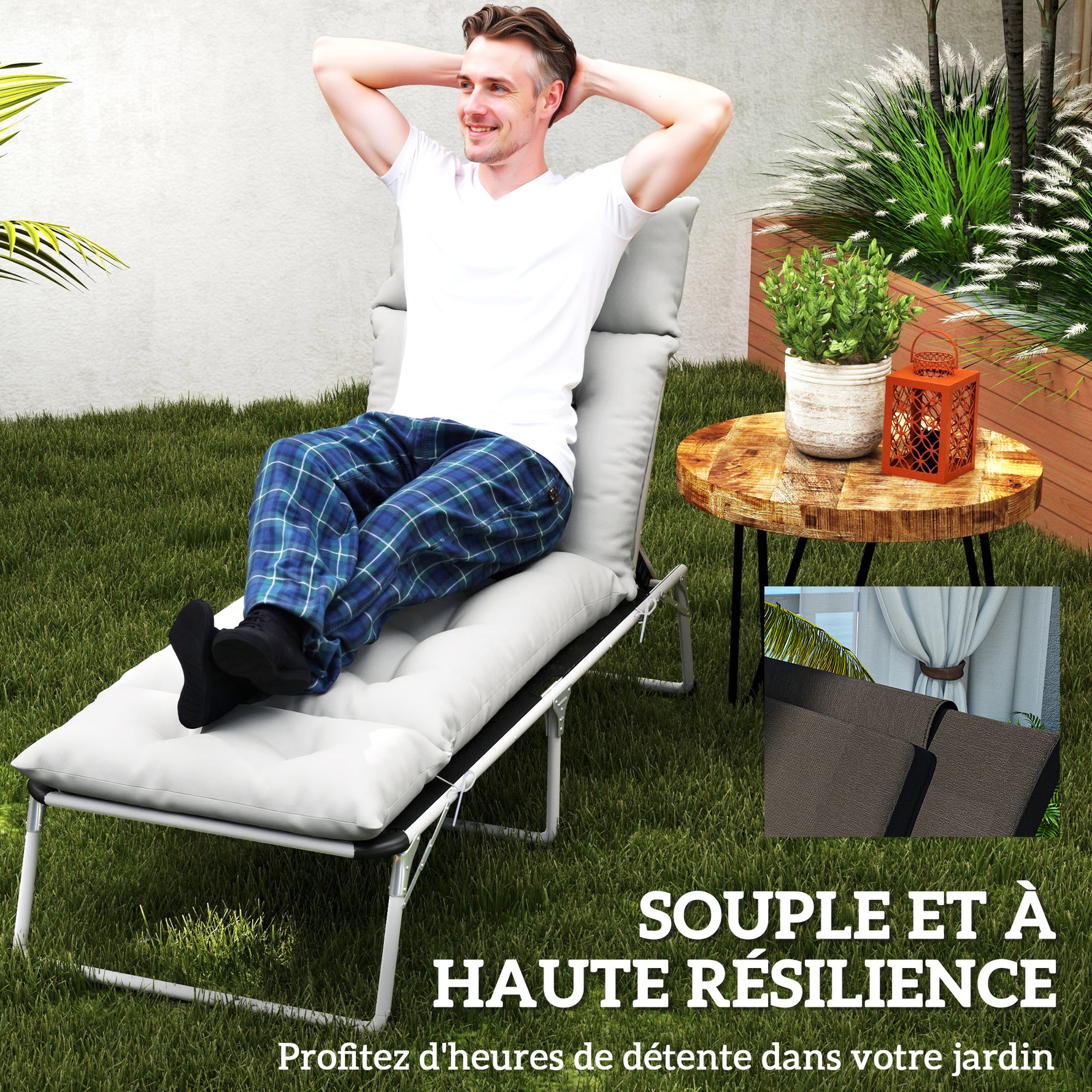 Coussin bain de soleil épais coussin chaise longue 190 x 56 x 10 cm, UPF20+, matelas transat six attaches, gris clair