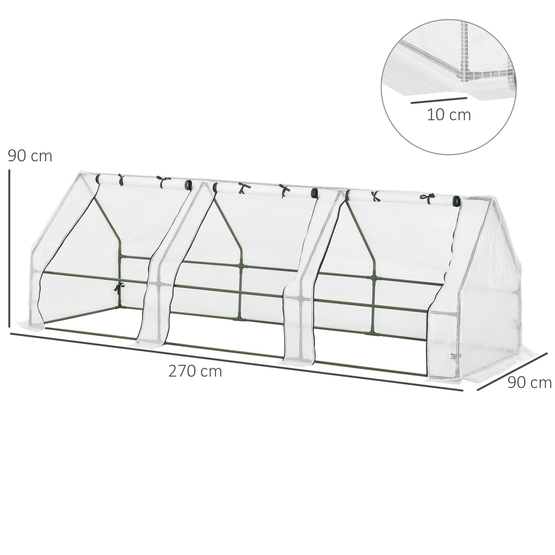 Mini Serre de Jardin Mini Serre Tunnel 270L x 90l x 90H cm Toit Pointu Acier PE Haute Densité 140 g/m² Anti-UV Fenêtres avec Zip Enroulables Blanc