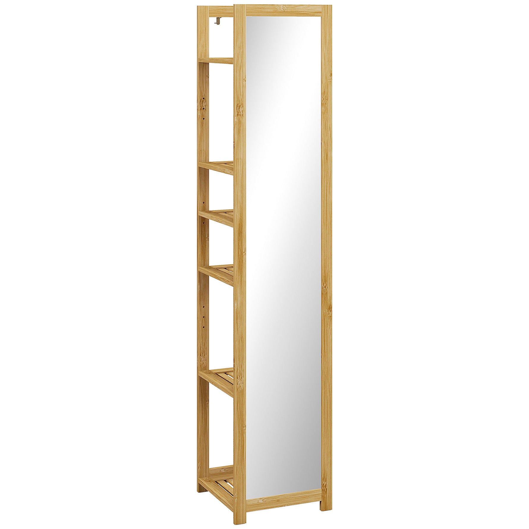 Meuble colonne de salle de bain à 6 niveaux en bambou avec miroir, 6 étagères, naturel, 35L x 35l x 168H cm