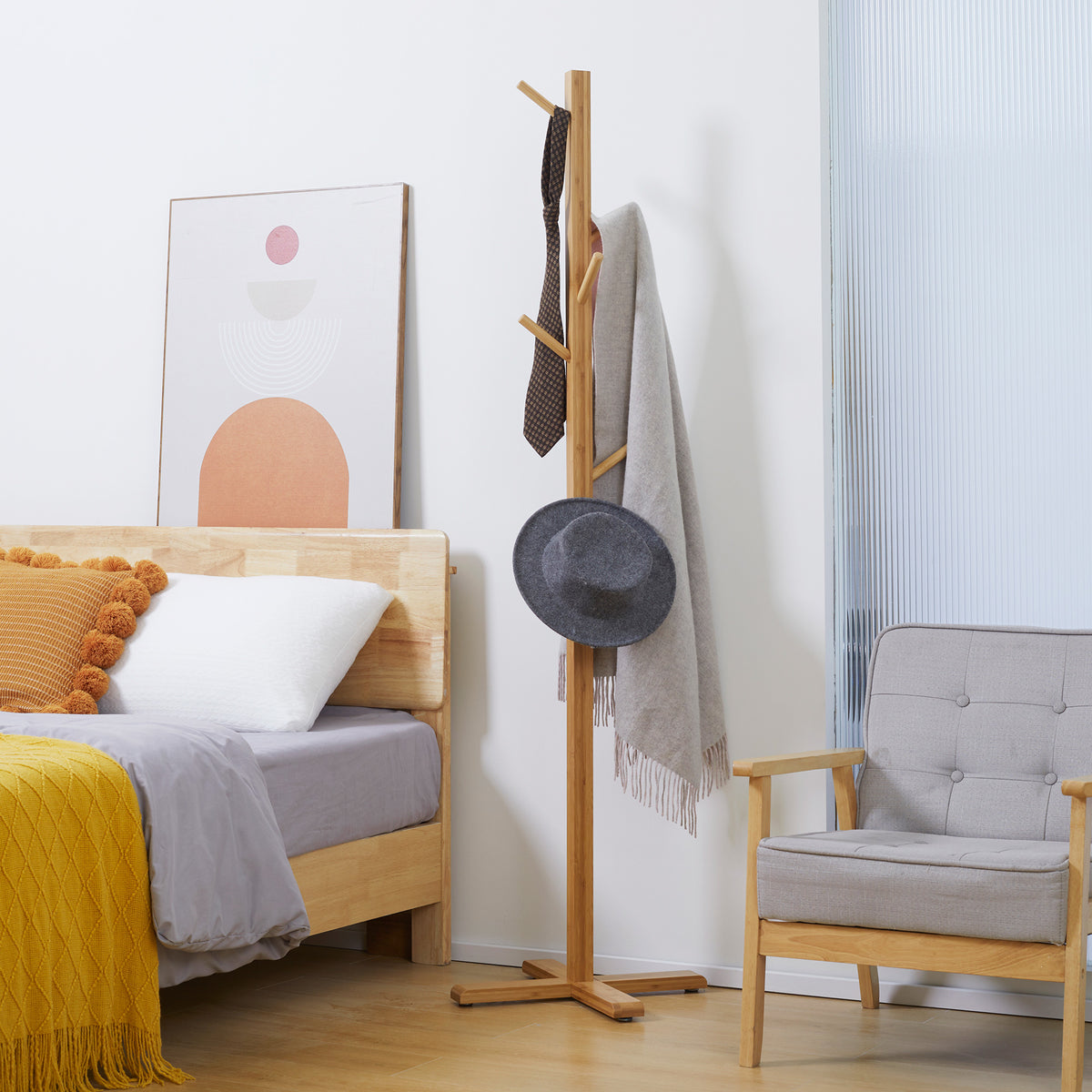 Portemanteau en bambou, portant à vêtements avec 8 patères, pour couloir, chambre, buanderie, bois naturel