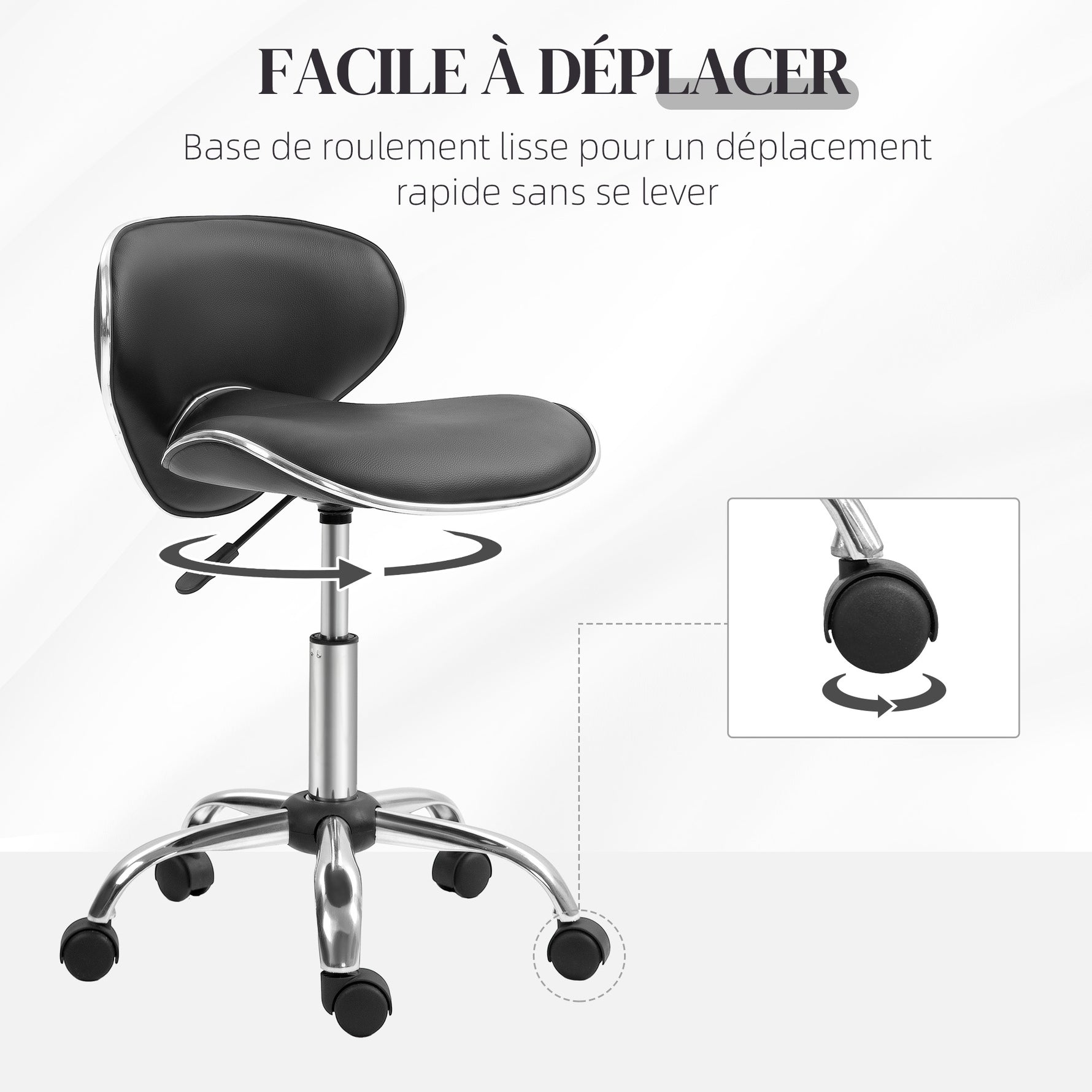 Tabouret à roulettes tabouret de travail avec hauteur réglable 44-56 cm et dossier, pivotant 360°, noir