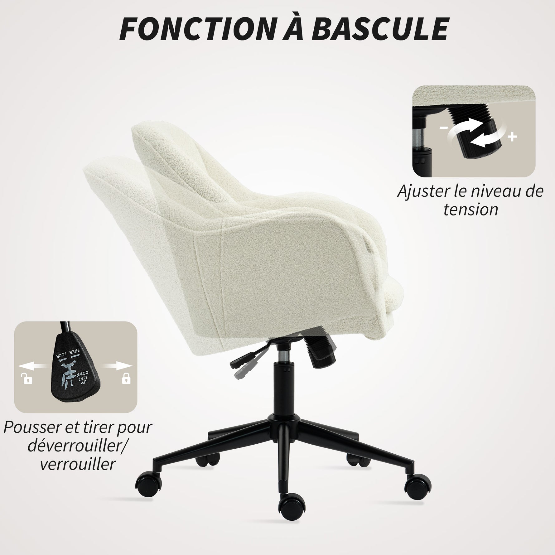 Chaise de bureau, fauteuil de bureau ergonomique réglable en hauteur, siège pivotante, fonction de bascule, beige