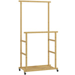 Portant à vêtements à roulettes, porte-manteau double barre en bambou avec étagère inférieure, 80x40x160cm, bois naturel