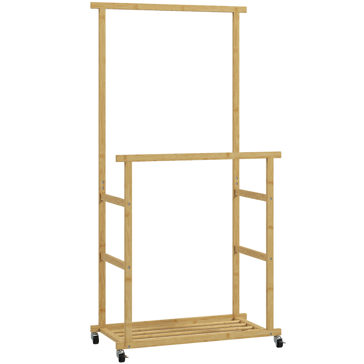 Portant à vêtements à roulettes, porte-manteau double barre en bambou avec étagère inférieure, 80x40x160cm, bois naturel