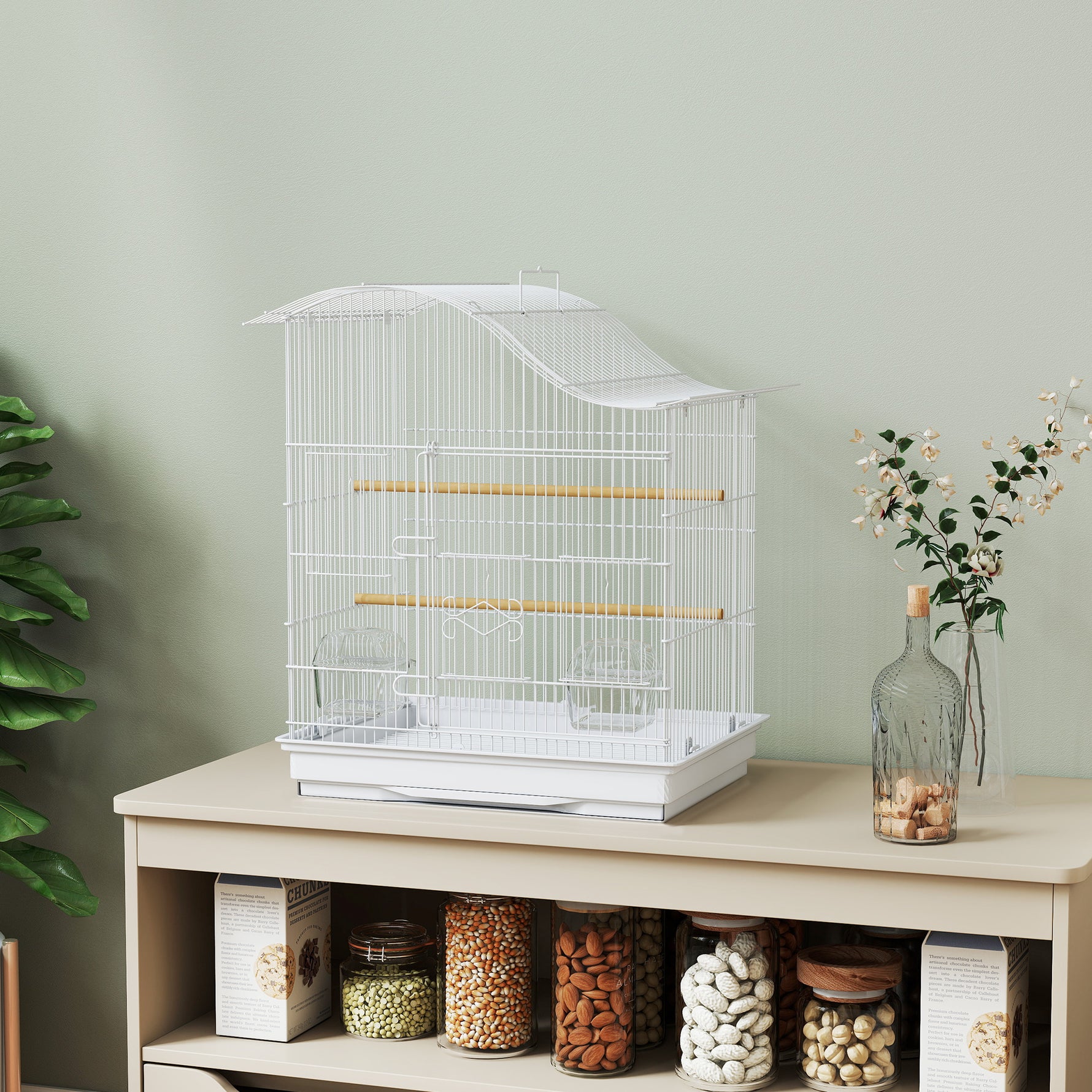 Cage à oiseau volière avec 4 portes, 2 perchoirs, plateau coulissant, pour inséparables perruches 4,7,5x36x54,5cm, blanc