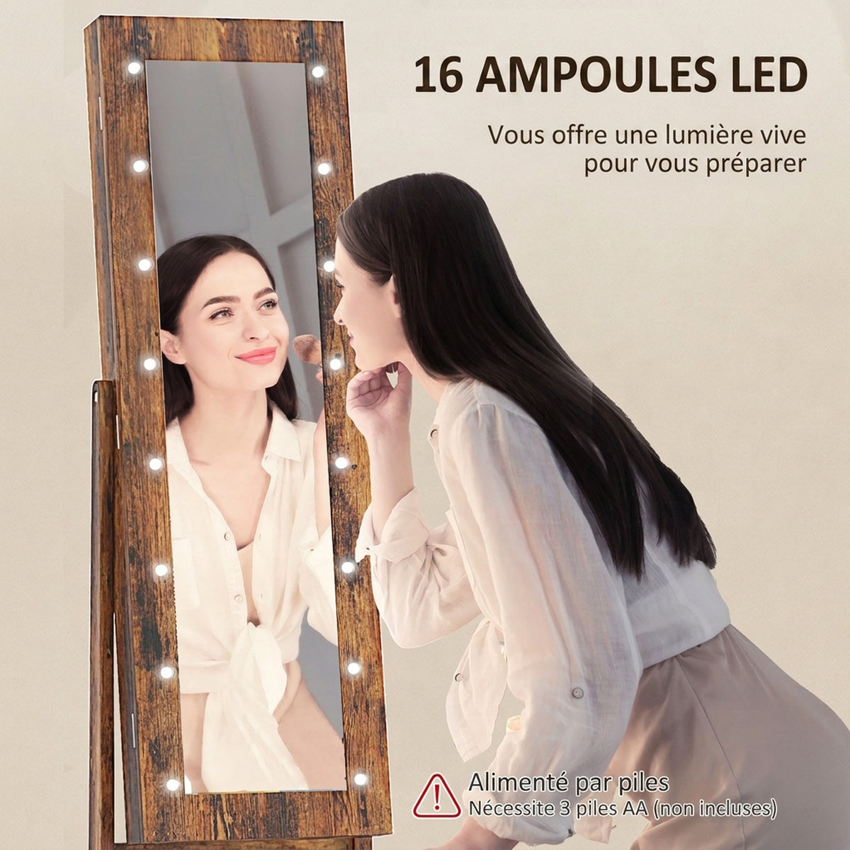 Armoire à bijoux armoire de rangement sur pieds boîte à bijoux avec miroir multi-rangements éclairage LED brun rustique