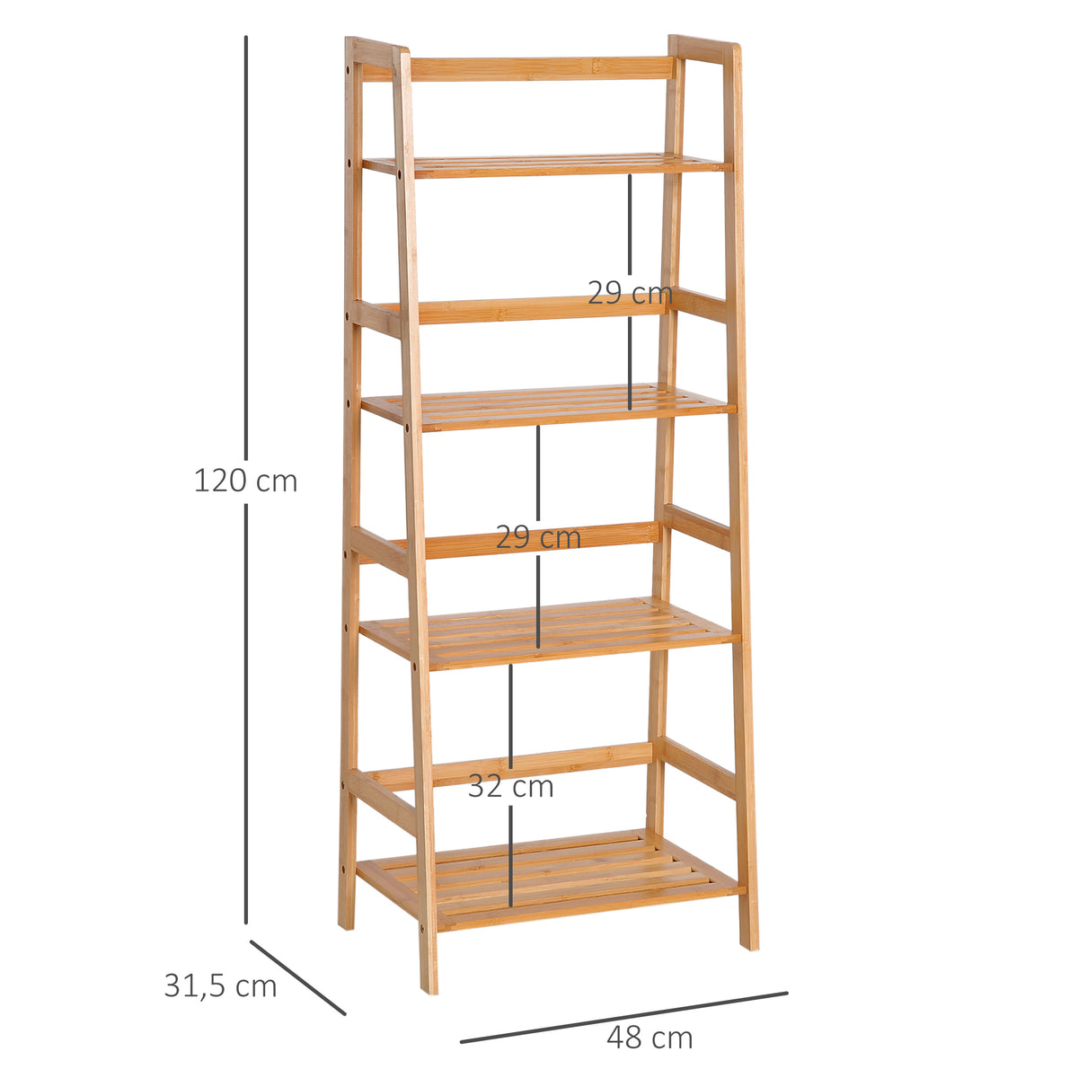 Etagère échelle en bambou 4 niveaux bibliothèque style naturel 48L x 31,5l x 120H cm
