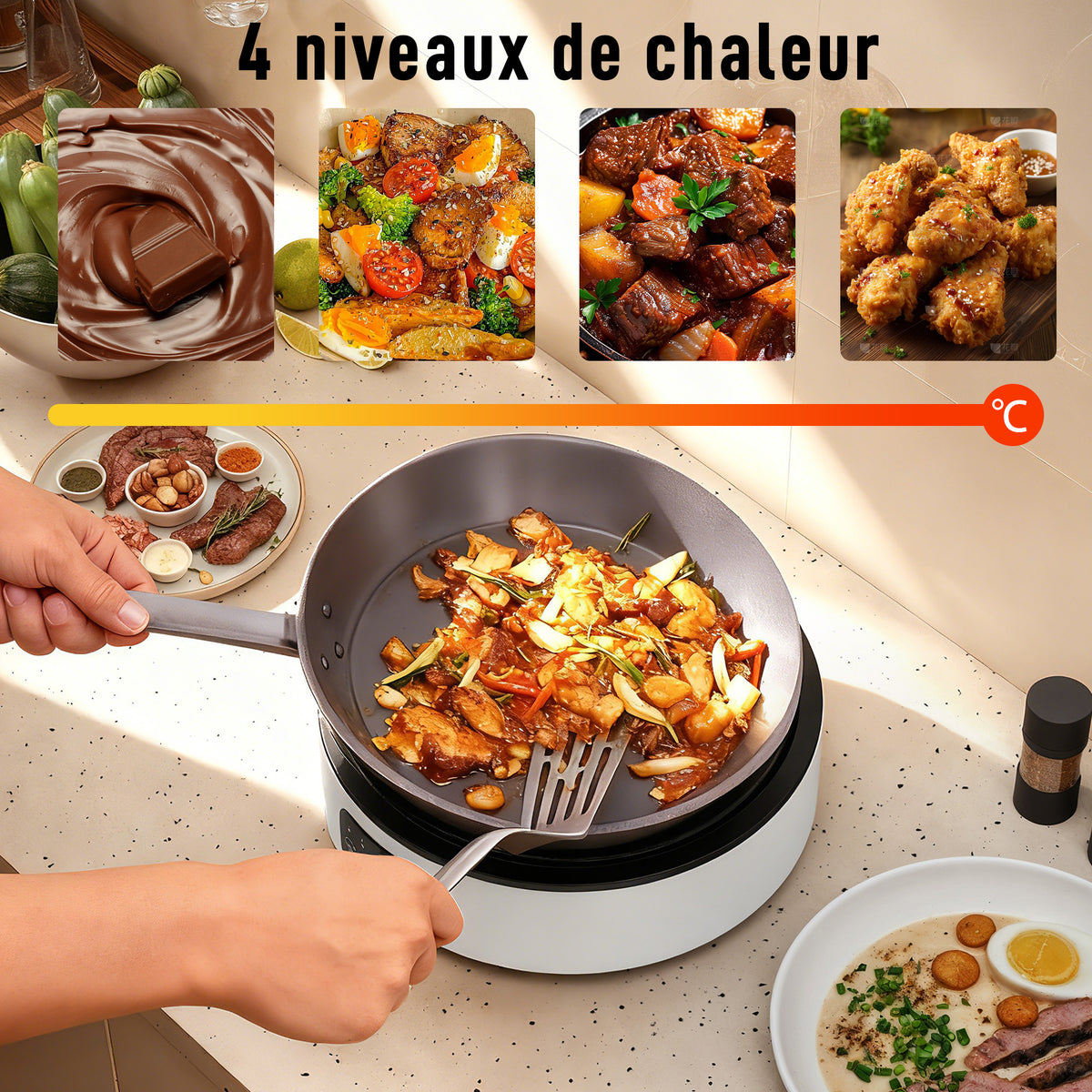 Plaque de cuisson et de barbecue 2 en 1 céramique, 2000 W, 4 niveaux puissance, chauffage infrarouge, blanc