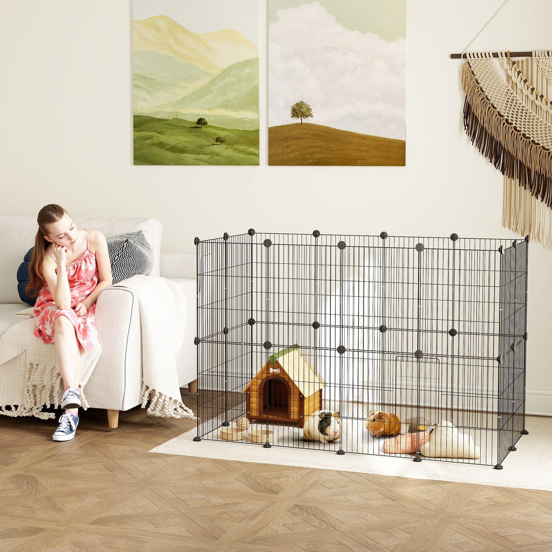 Enclos pour animaux parc pour petits animaux modulable 24 panneaux pour lapins grillagés en acier 120 x 60 x 80 cm noir