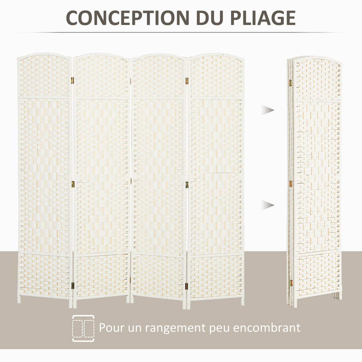 Paravent intérieur en bois 4 panneaux séparateur de pièce pliable pour salon chambre 180 x 180 cm blanc