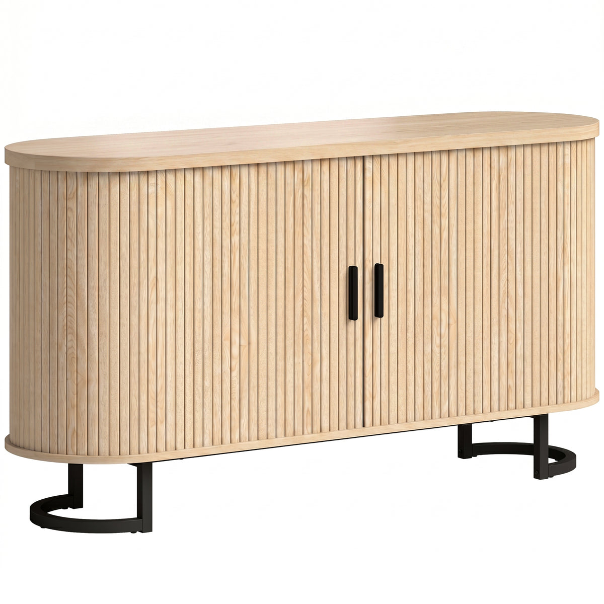 Buffet salon, meuble de rangement ovale avec 2 portes coulissantes et étagères réglables, 140x40x75cm, bois naturel