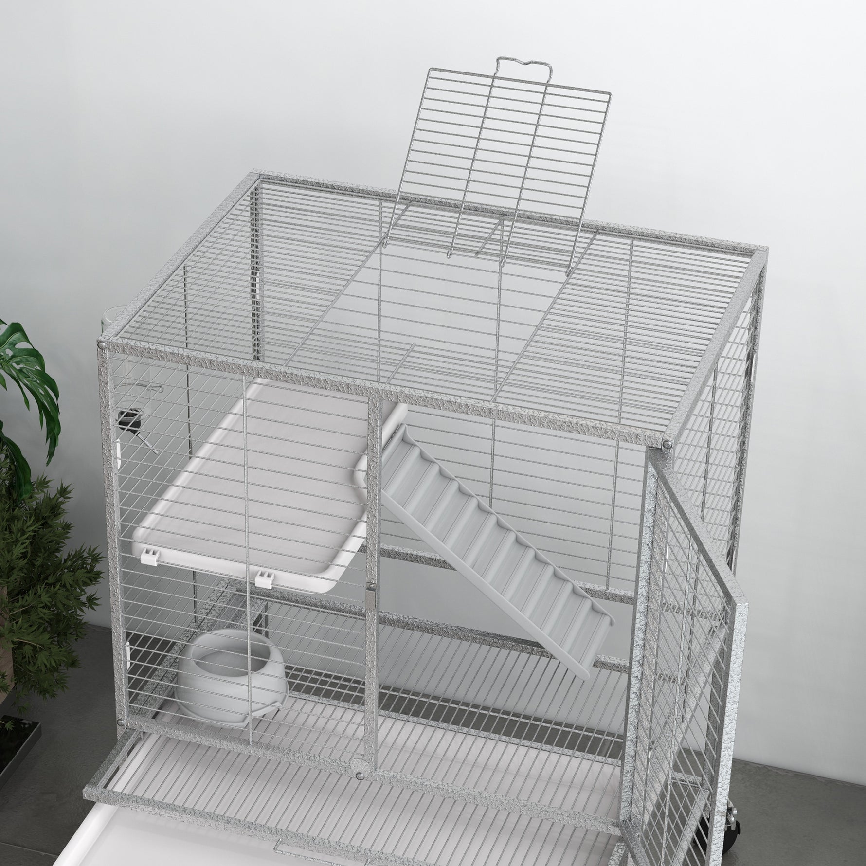 Cage pour petits animaux sur roulettes 2 niveaux avec 2 portes, 1 rampe, 1 étagère de rangement 61,5 x 44,5 x 86 cm gris
