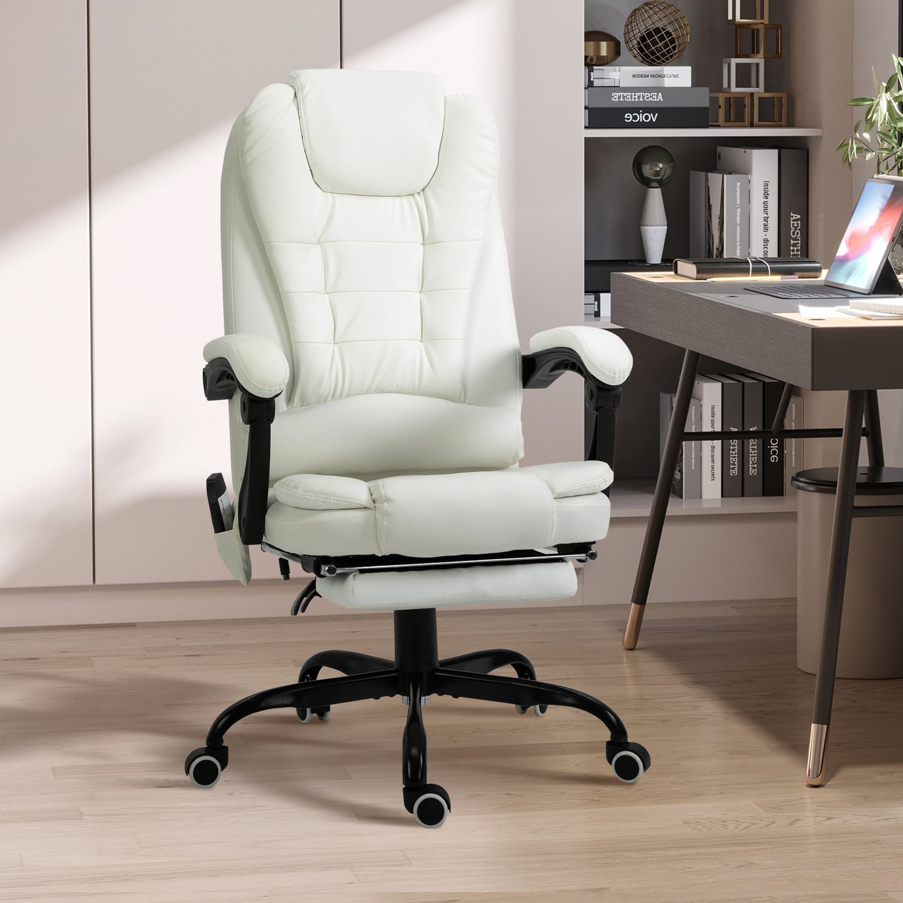 Fauteuil de Bureau Massant 7 Points, Chaise de Bureau Ergonomique avec Repose-pieds Rétractable, Dossier Inclinable 155°, Hauteur Réglable, Pivotant à 360°, télécommande Filaire, Blanc