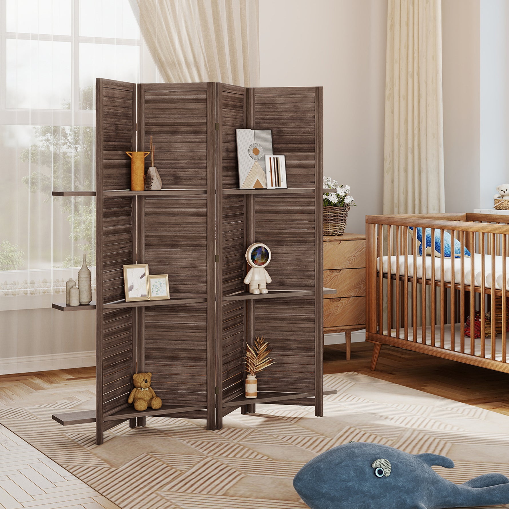 Paravent intérieur en bois 4 panneaux 160 x 170 cm, séparateur de pièce pliable avec 3 étagères, noyer