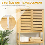 Étagère de toilettes meuble de salle de bain dessus toilette WC avec placard 2 portes et étagère ouverte 60 x 23 x 173 cm bambou