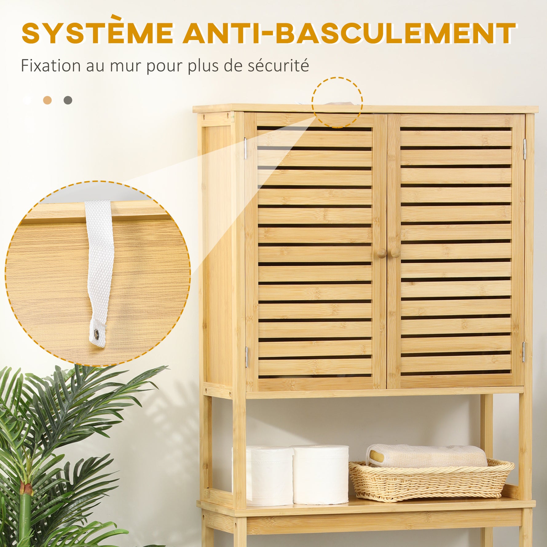 Étagère de toilettes meuble de salle de bain dessus toilette WC avec placard 2 portes et étagère ouverte 60 x 23 x 173 cm bambou