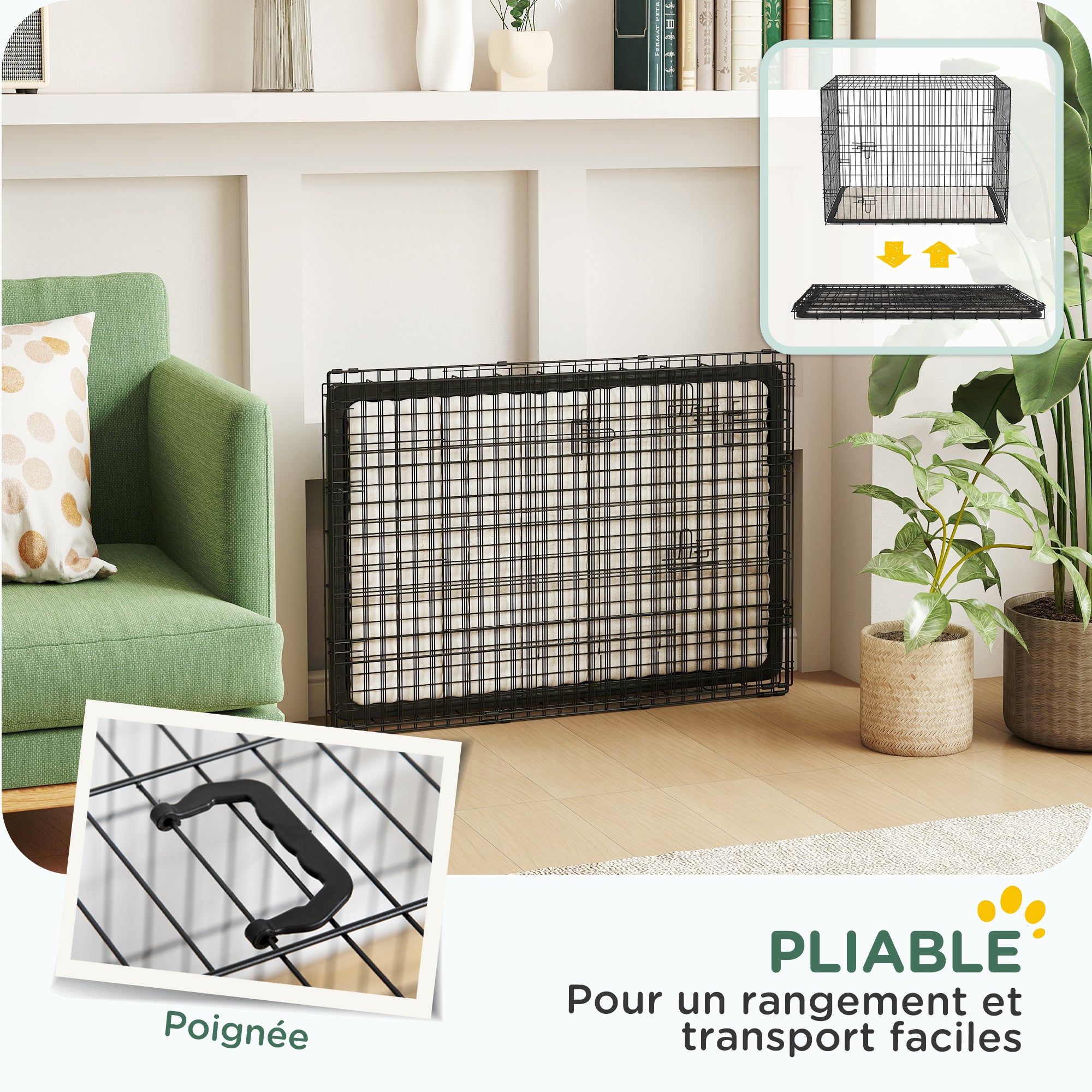 Cage caisse de transport pliante pour chien poignée, plateau amovible, coussin fourni 90 x 57,5 x 62 cm noir