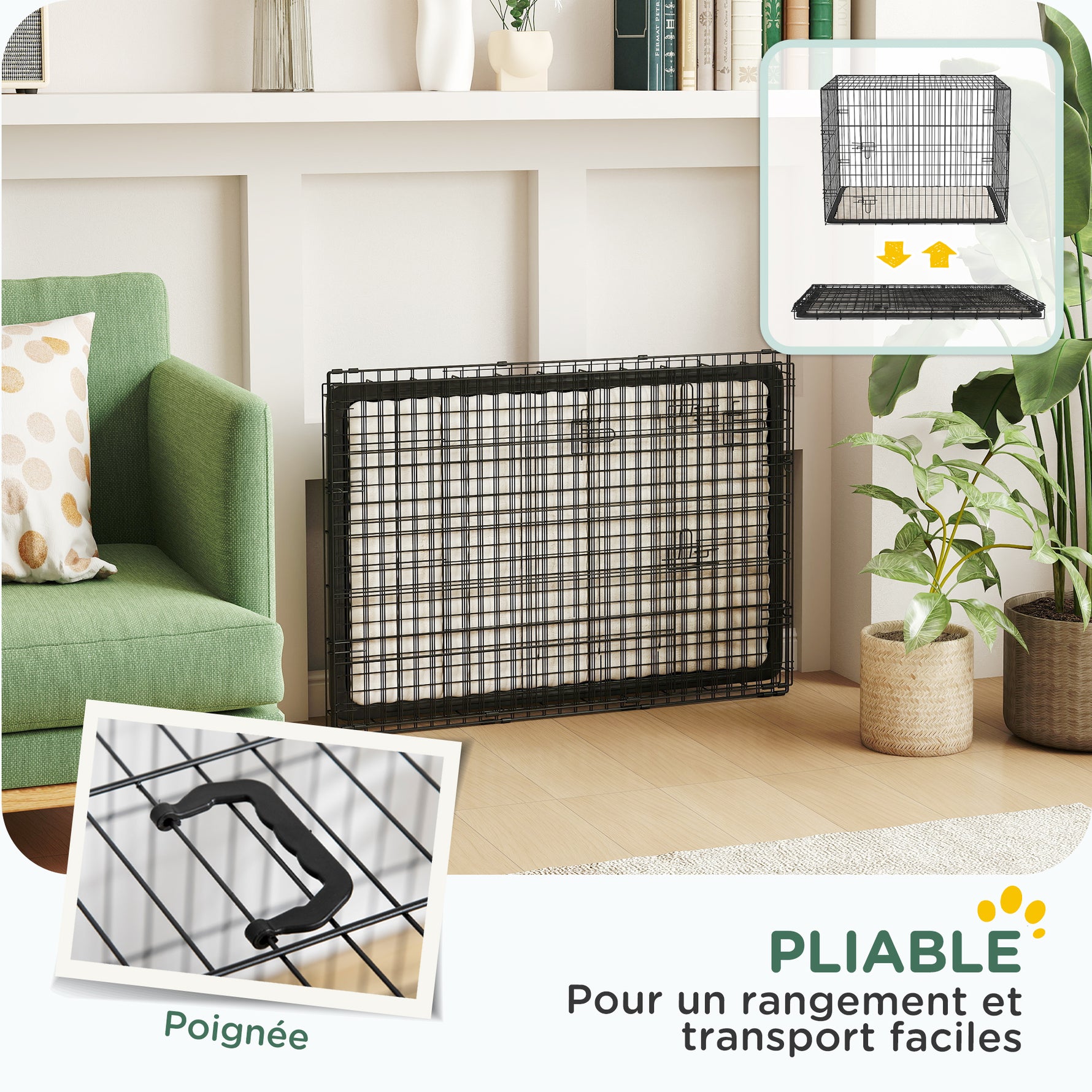 Cage caisse de transport pliante pour chien poignée, plateau amovible, coussin fourni 90 x 57,5 x 62 cm noir