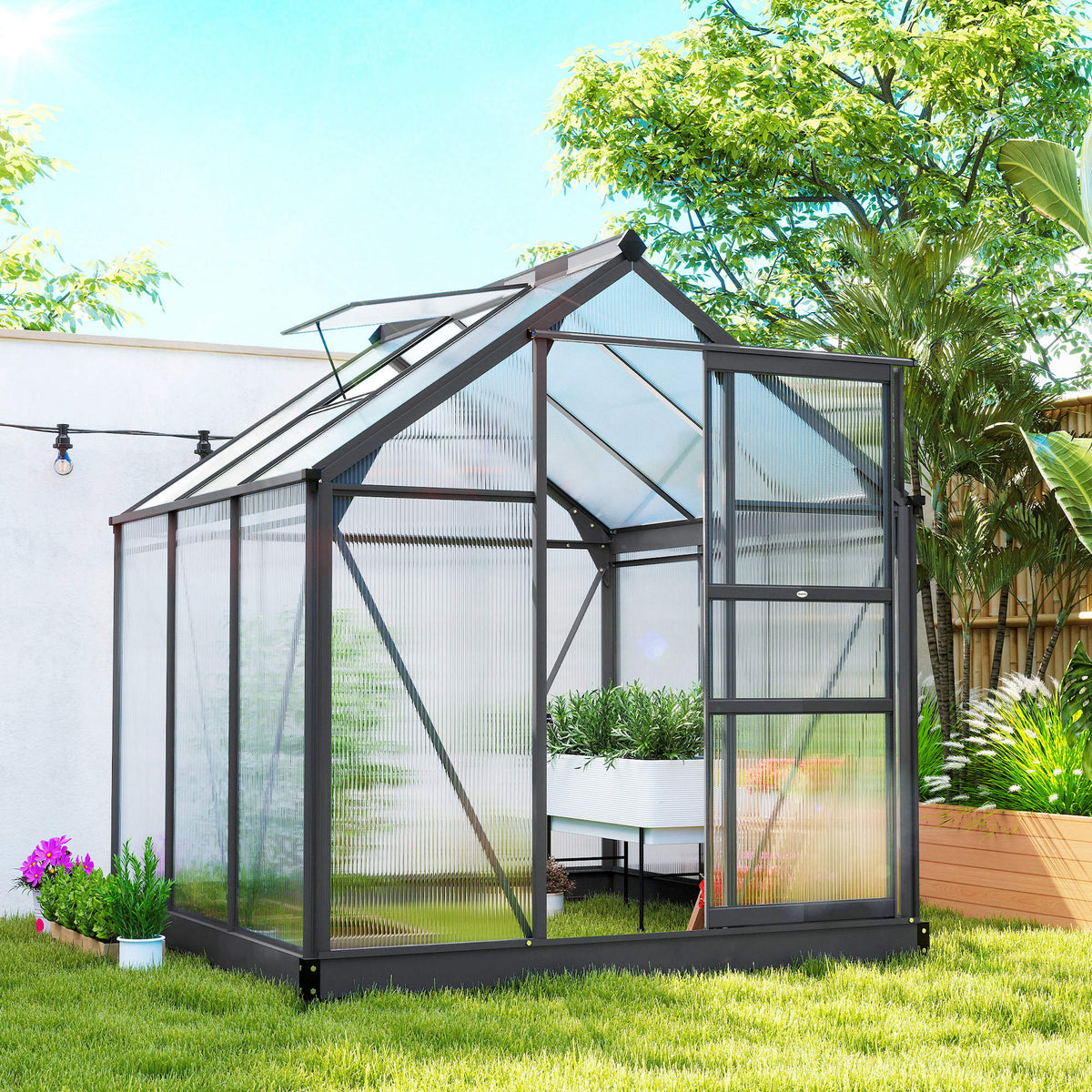 Serra da giardino in policarbonato 3,65 m² 190 x 192 x 201 cm resistente ai raggi UV, base rinforzata, grondaia, grigio